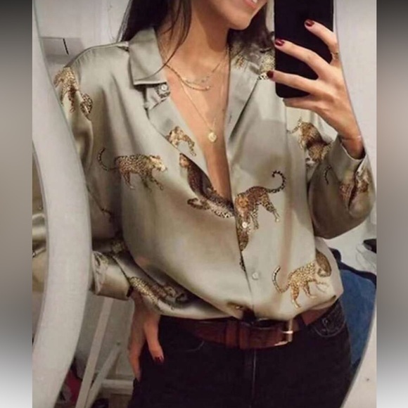 Classic Leopard Cheetah Print Blouse Top Button Down Up Shirt Green - Picture 1 of 8